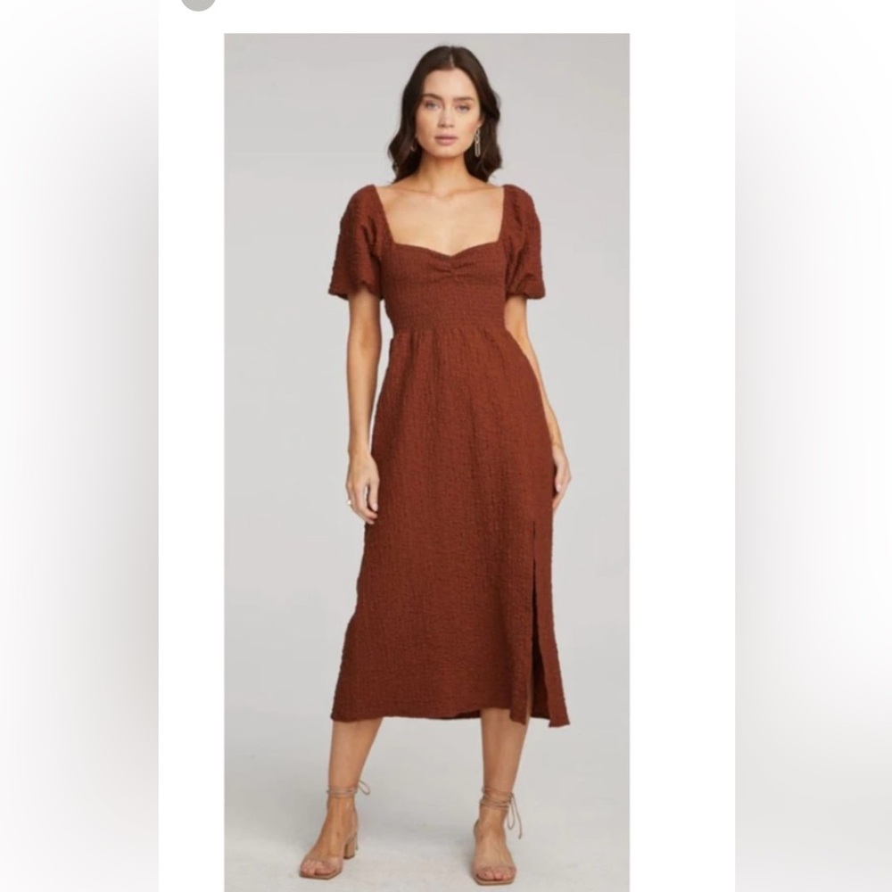 Fullmer Smocked Square-Neck Midi Dress in Pecan